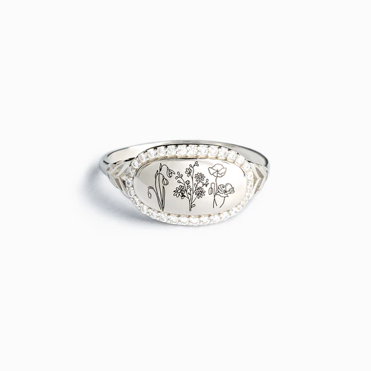 Engraved Birth Flowers Family Wildflower Garden Shell Ring